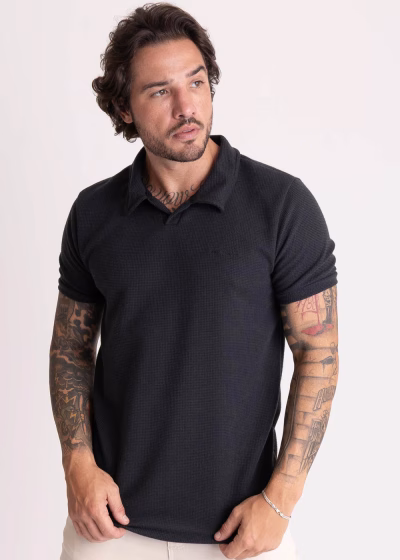 Camisa Masculina Gola Polo Bordada signature texture Preto