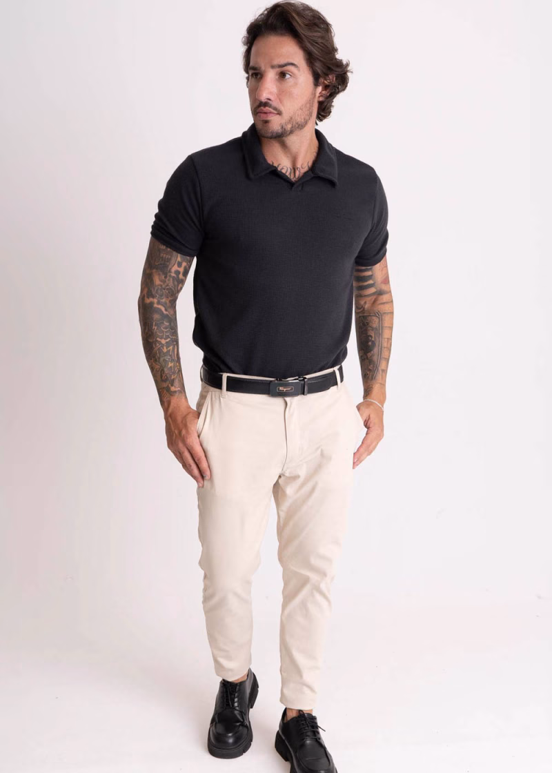 Camisa Masculina Gola Polo Bordada signature texture Preto - Imagem 2